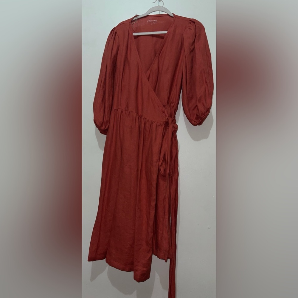 Women's Rust Wrap Midi Dress with Puff Sleeves - Picture 3 of 14